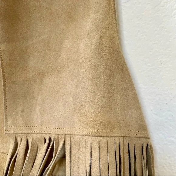 Vintage Suede Leather Long Fringe Vest Taupe Camel Boho Layering Piece NWT - Picture 10 of 16